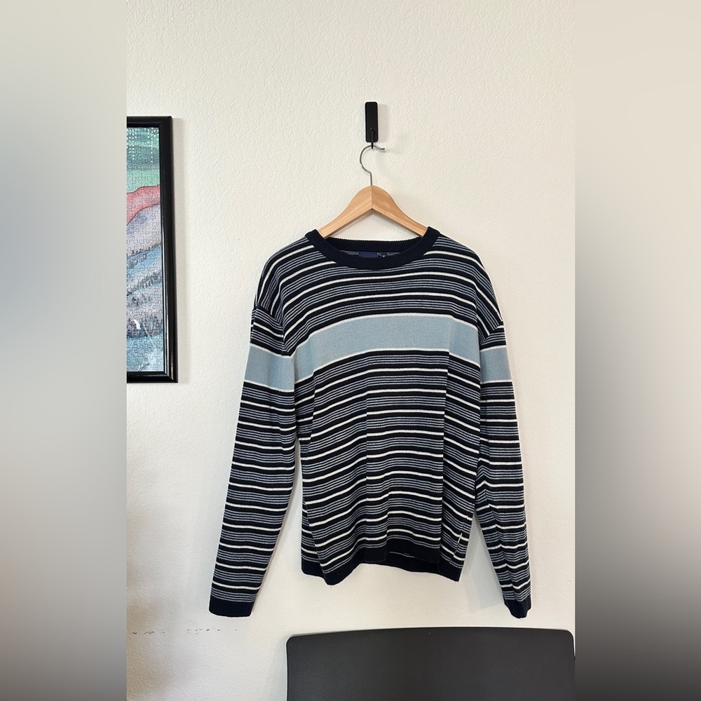 Vintage 90s Sideout Striped Knit Sweater Navy Blue Crewneck Grandpacore Mens M